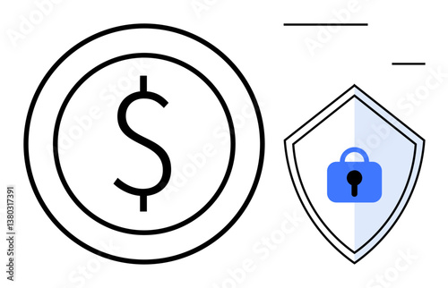 Coin with a dollar sign next to a shield featuring a padlock. Ideal for finance, security, investment, banking, savings, protection, and cybersecurity concepts. Simple lines abstract line flat