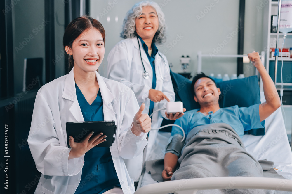 Fototapeta premium Nurse giving assistance to senior patient with disease in bed. Medical assistant and doctor doing healthcare checkup for pensioner with oxygen tube and IV drip bag in hospital ward.