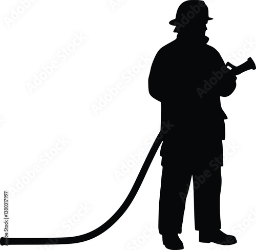 Firefighter with a hose in a black and white silhouette of bravery and service