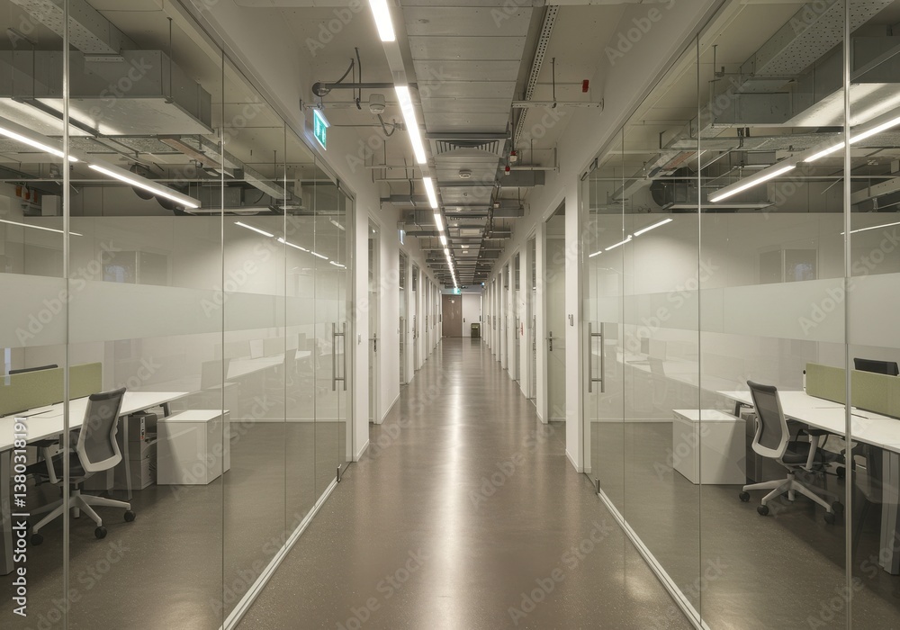 Obraz premium Modern Office Corridor with Glass Walls and Natural Lighting