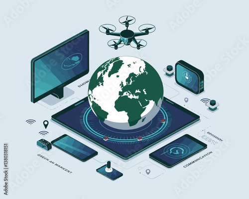 vector illustrative poster that celebrates global communication technology . Showcase a world travel by advanced communication systems.
