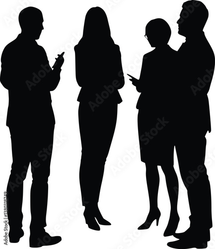 Black and white silhouette illustration of business people in conversation and teamwork meeting, vector design of collaboration and communication