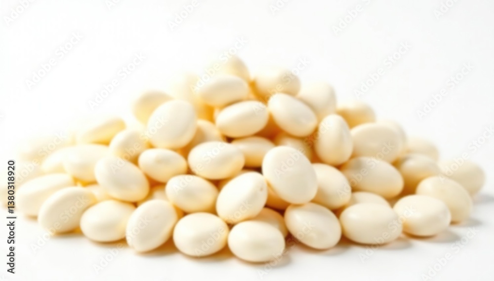 Pile of white beans against a seamless white backdrop, studio shot, macro