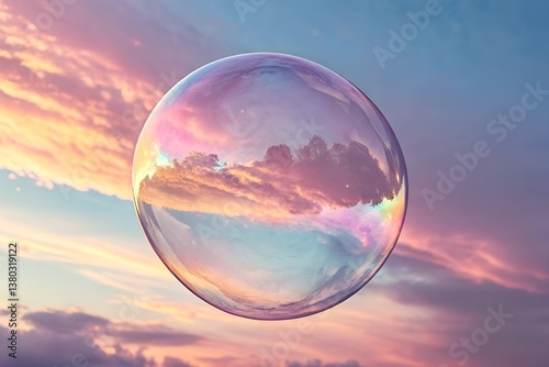 Dreamy sky reflection in a bubble floating in the air aesthetic background wallpaper for desktop design