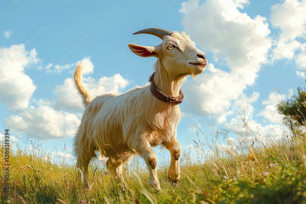 Obraz premium Alpine Goat Grazing in Eco-Friendly Pastoral Landscape on Sunny Day