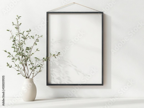 Vertical Grey Photo Frame Hanging on White Textured Wall Minimalist Mockup