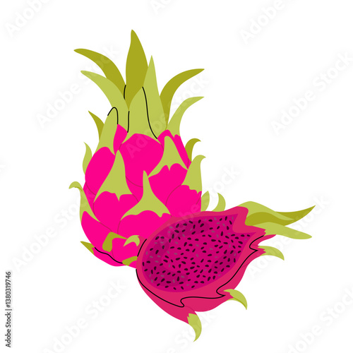 Pink dragon fruit. Pitahaya whole and half. Tropical fruit pitaya on white background. Flat illustration ripe exotic fruit.