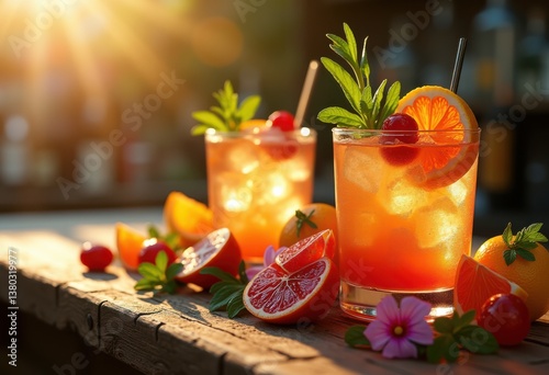 Wallpaper Mural vibrant colorful cocktail garnishes wood bar top refreshing drink presentation, beverage, lime, lemon, orange, mint, herb, berry, cucumber, flower, kiwi Torontodigital.ca