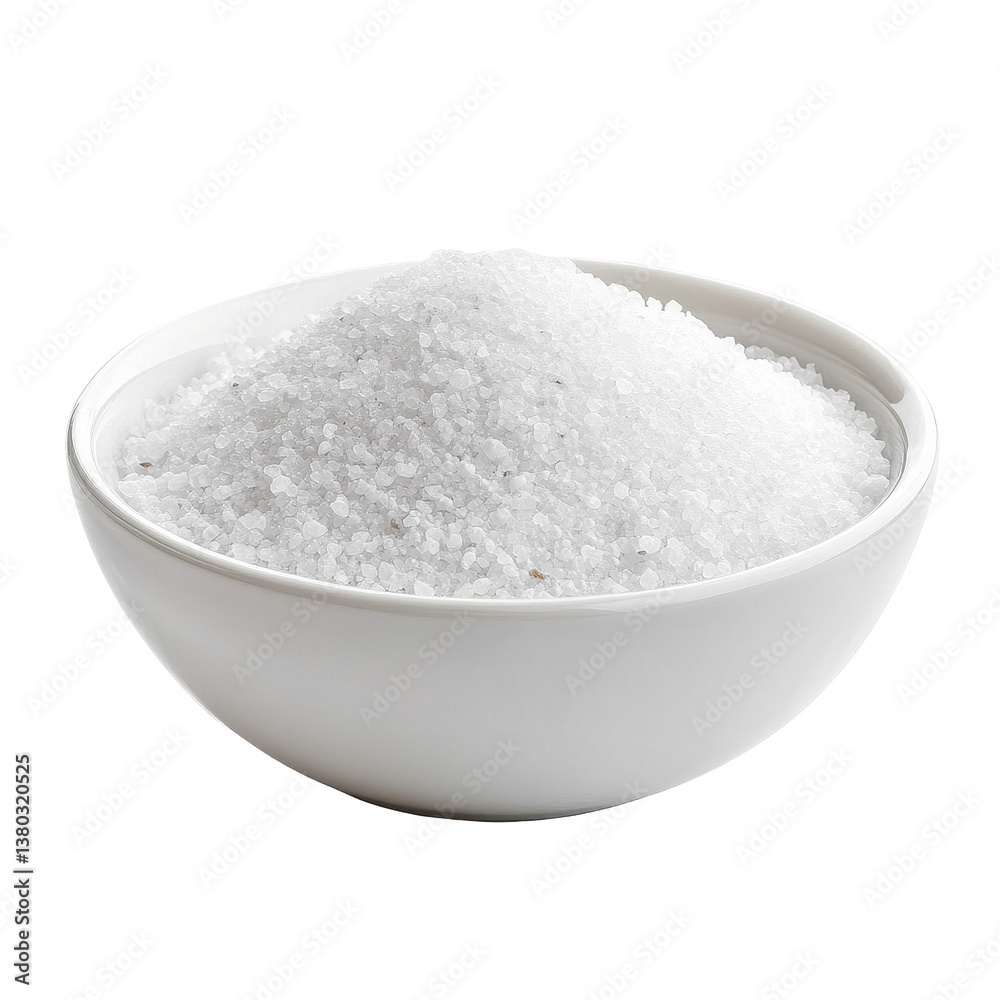Fine granulated salt in a simple white bowl on a clean Transparent background for culinary use or presentation, salt in white bowl isolated on PNG background Fine granulated salt in a simple white bowl on a clean Transparent background for culinary use or presentation, salt in white bowl isolated on PNG background