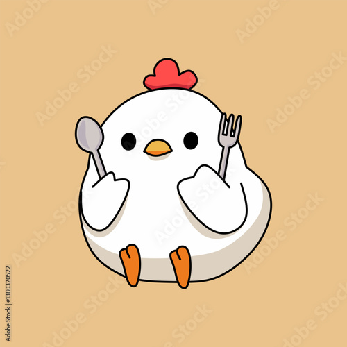 Cute Chicken Holding Spoon and Fork Ready to Eat Illustration