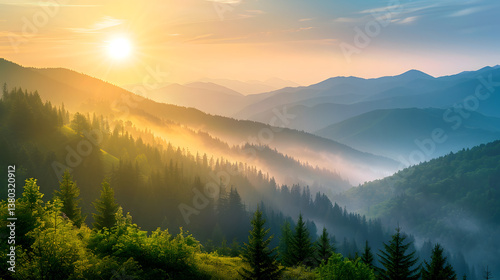 A majestic mountain landscape at sunrise mist gently