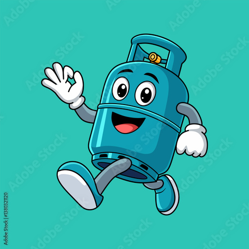 Cartoon Gas Tank Mascot Running and Waving Okay Gesture on Teal