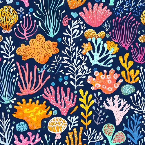 A vibrant seamless pattern showcases a diverse underwater coral reef ecosystem with richly colored corals, seaweed, and marine life on a deep blue background ideal for textile