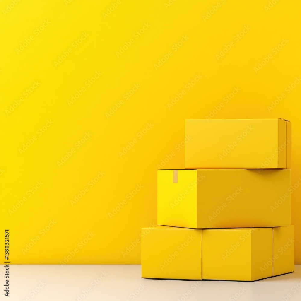 Three vibrant yellow cardboard boxes stacked against a bright yellow wall create a minimalist and modern product display or packaging mockup for online shops. Three vibrant yellow cardboard boxes stacked against a bright yellow wall create a minimalist and modern product display or packaging mockup for online shops.