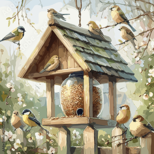 Colorful birds eating at a bird feeder in a blooming garden  