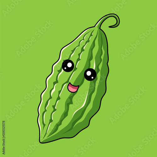 Cute Cartoon Bitter Melon Illustration Smiling on a Green Background