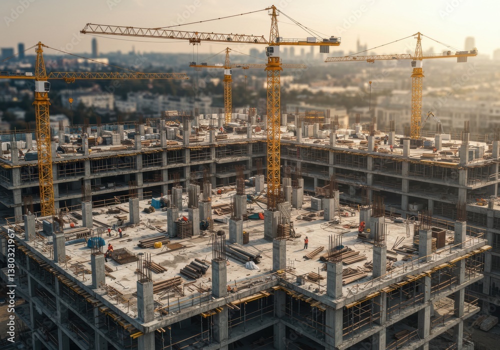 Construction technology banner background Construction site with cranes fittings and concrete Construction technology banner background Construction site with cranes fittings and concrete