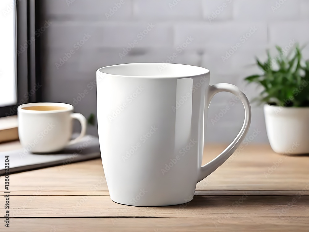 Fototapeta premium A sleek white mug, perfect for a quiet morning coffee, sits on a warm wooden table, bathed in soft natural light.