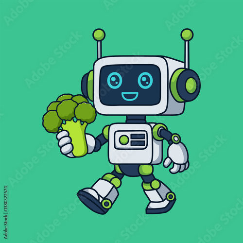 Robot Character Walking and Holding Fresh Green Broccoli for Healthy Eating