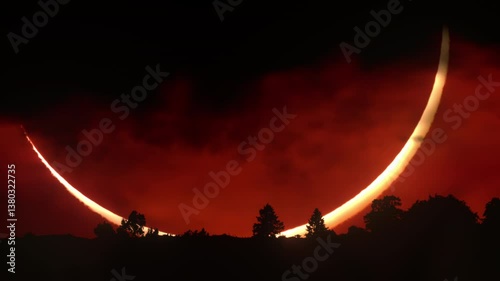 Epic cinematic shot of a huge crescent sun during a solar eclipse at sunset. Captured near the horizon with forest silhouette and intense colors. Scenic view for nature, science, or dramatic visuals.