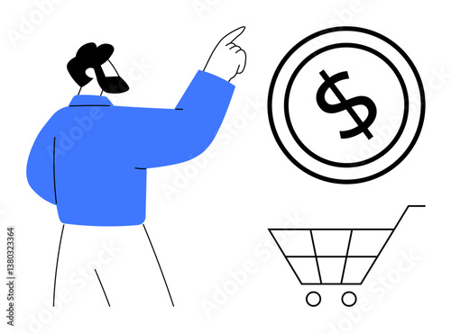Man pointing at a dollar coin above a shopping cart. Ideal for finance, e-commerce, budgeting, online shopping, marketing, saving, and decision-making concepts. Minimalist flat simple metaphor