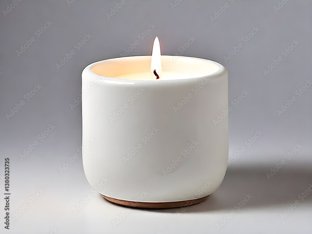 A serene, softly glowing candle in a minimalist white ceramic holder, creating a calming and peaceful ambiance on a neutral background. A serene, softly glowing candle in a minimalist white ceramic holder, creating a calming and peaceful ambiance on a neutral background.