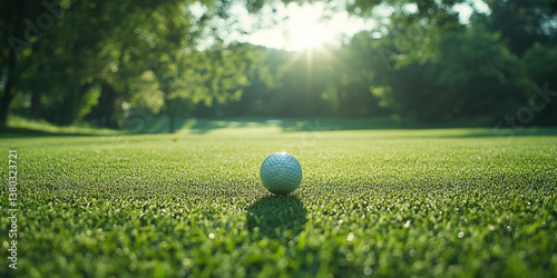 Bright daylight on a golf course with a player about to hit a ball on freshly mown grass. Header banner mockup with copy space. photo