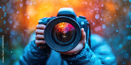 Capturing beauty with a large lens during a colorful distorted day. Header banner mockup with copy space.