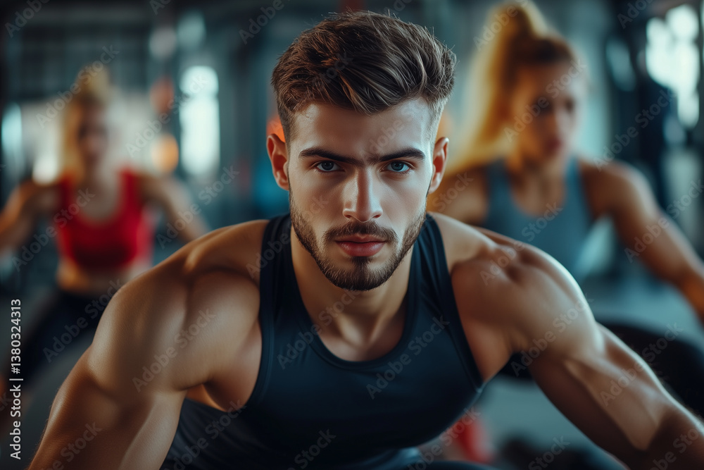 Group of young athletes focused during gym workout session