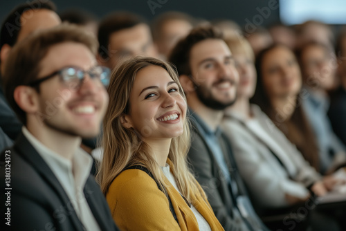 Happy young woman smiling at business seminar with diverse audience