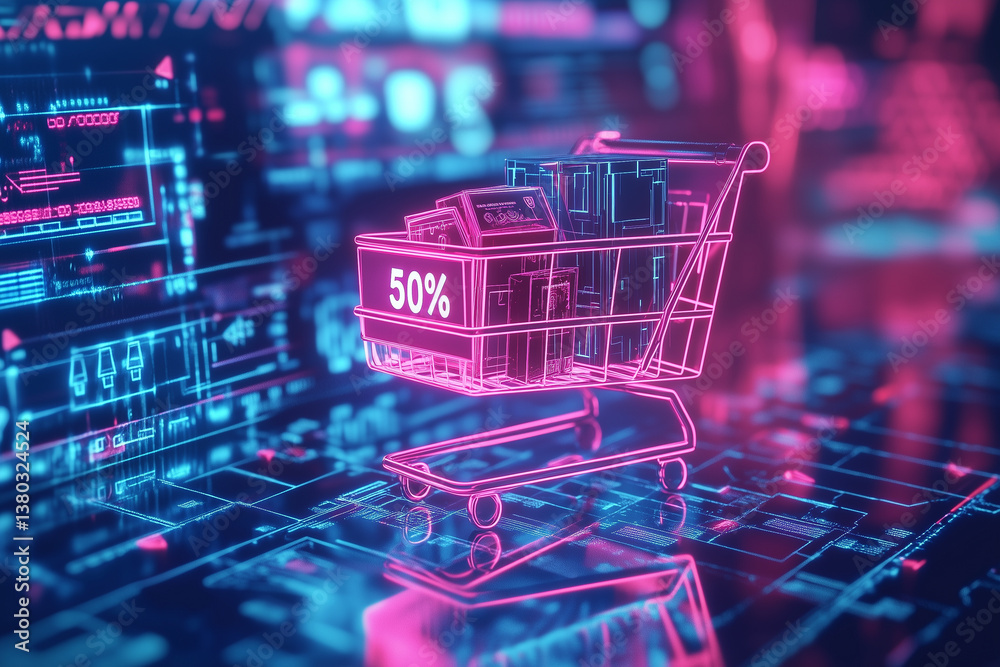 Neon Digital Shopping Cart with 50% Discount Sign