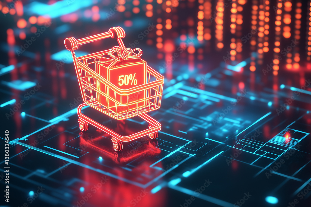 Neon Digital Shopping Cart with 50% Discount Sign
