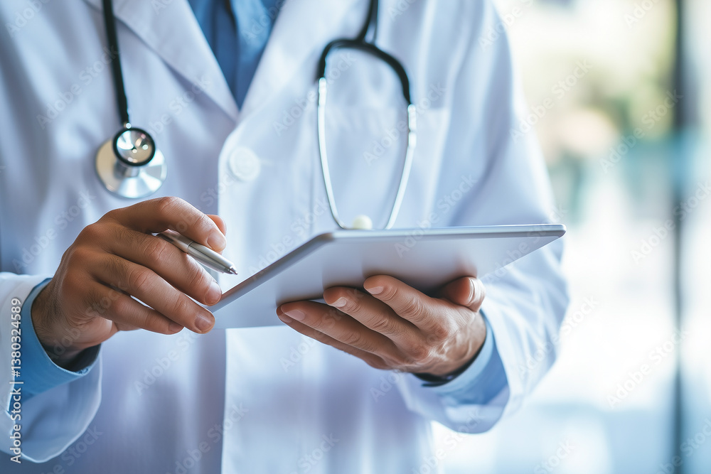 Futuristic doctor using AR glasses to analyze digital patient data