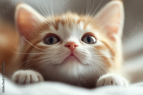 Adorable orange and white kitten close-up with curious wide eyes.