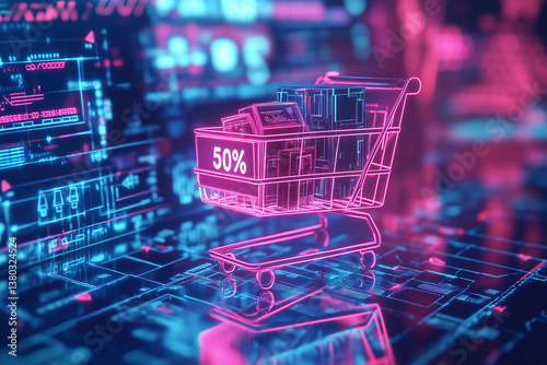 Obraz na płótnie Neon Digital Shopping Cart with 50% Discount Sign w salonie