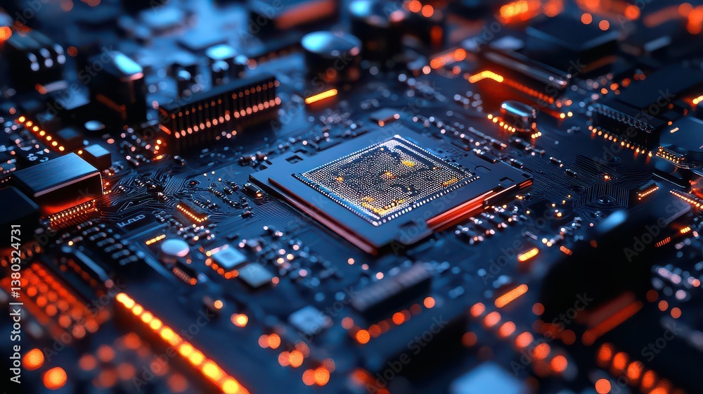 Cybernetic AI chip with a futuristic motherboard, displaying advanced neural processing units. Cybernetic AI chip with a futuristic motherboard, displaying advanced neural processing units.