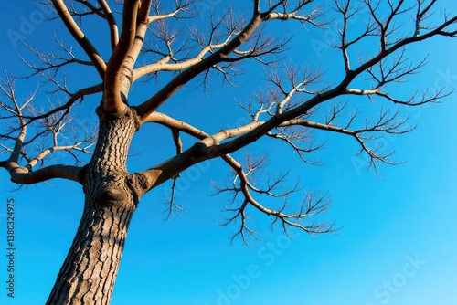 Tree trunk and branches against a bright blue sky, peaceful, solitary tree, branches