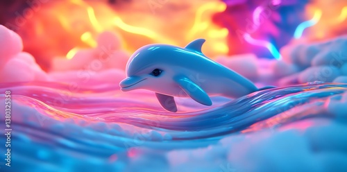 Playful Dolphin Leaps Through Neon Ocean Waves: A Dreamy Digital Art