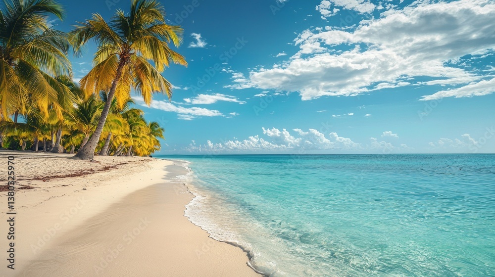 Golden sands meet crystal clear turquoise waters framed by tall palm trees, inviting relaxation and adventure on this idyllic Caribbean beach, perfect for sun-soaking or leisurely strolls Golden sands meet crystal clear turquoise waters framed by tall palm trees, inviting relaxation and adventure on this idyllic Caribbean beach, perfect for sun-soaking or leisurely strolls