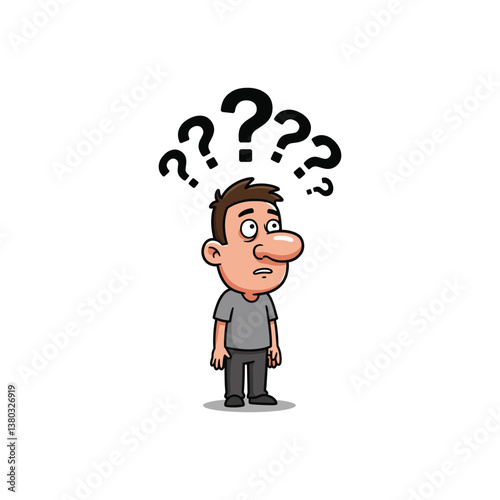 Cartoon Man with Question Marks Vector - Puzzled Expression Illustration