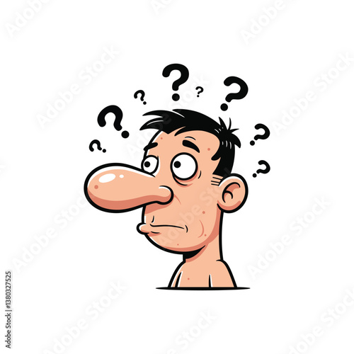 Cartoon Man with Multiple Question Marks Vector - Puzzled Expression Illustration