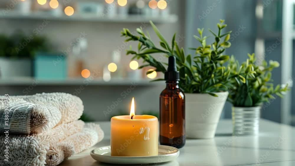Serene Spa Still Life: An inviting spa setting featuring a lit candle, essential oil bottle, and fresh greenery, creating a calm and relaxing ambiance. Serene Spa Still Life: An inviting spa setting featuring a lit candle, essential oil bottle, and fresh greenery, creating a calm and relaxing ambiance.
