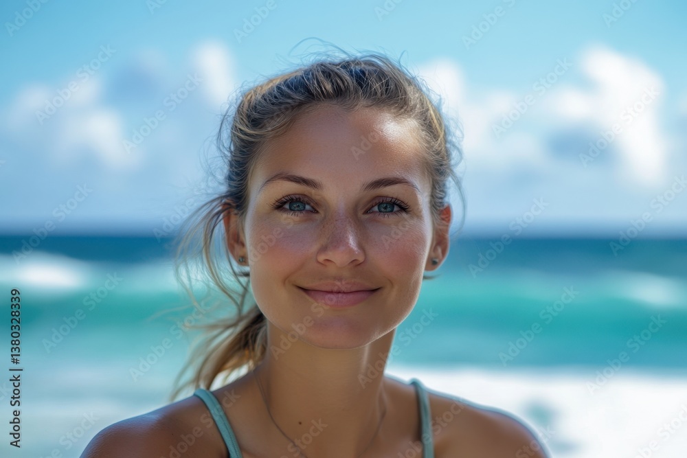 Smiling woman enjoying a sunny day at the beach with ocean waves in the background Smiling woman enjoying a sunny day at the beach with ocean waves in the background