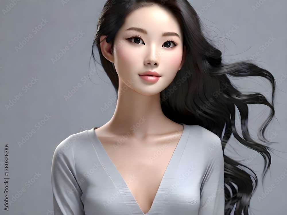 Fototapeta premium A serene woman with flowing black hair, exuding grace and elegance in a soft gray dress against a muted background.