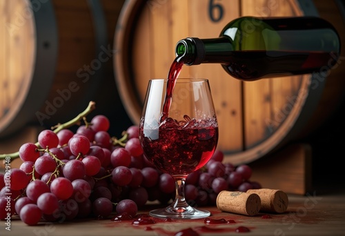 rich deep red wine pouring from bottle into glass rustic wooden barrel setting grapes corks, vintage, oaken, drink, alcohol, sommelier, tasting, tannin