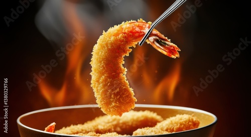 Golden fried shrimp with fiery background