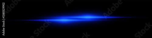 Bright horizontal beam of light on black background. Glowing laser effect creating futuristic and sci-fi aesthetics. Suitable for technology, energy, speed and digital design themes.