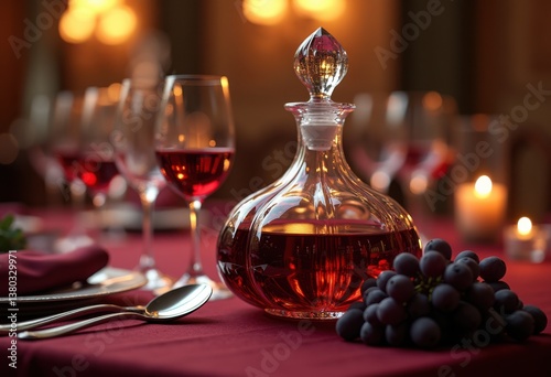 rich red wine crystal decanter surrounded fresh grapes luxurious aroma fine dining elegant table setting, liquid, glass, beverage, tasting, fruit