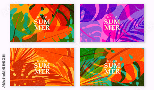 Summer tropic pattern background. Tropical jungle leaves banner design with retro modern texture, horizontal. Exotic abstract creative nature. Palm tree, monstera, banana vector illustration