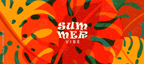 Summer tropic pattern background. Tropical jungle leaves banner design with retro modern texture. Exotic nature concept in creative style. Orange monstera leaves vector illustration
